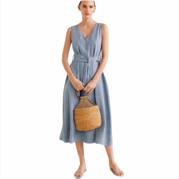 Mango Dresses & Skirts - Mango MNG Cotton Linen V Neck Belted Midi Dress
